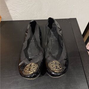 Tory Burch Black Flats with Gold Emblem